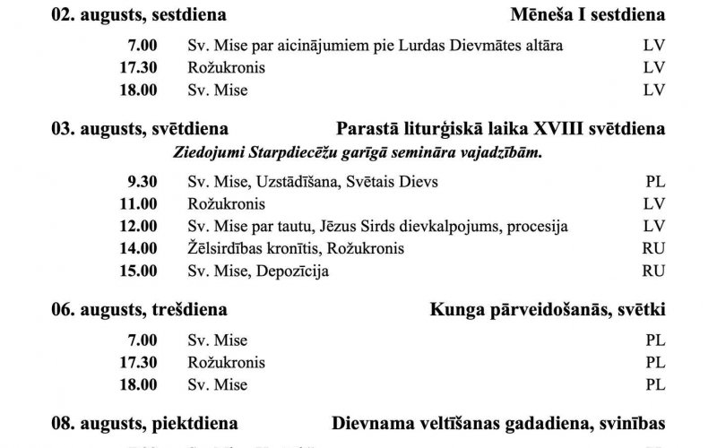 SVĒTDIENU UN SVĒTKU DIENU DIEVKALPOJUMU KĀRTĪBA AUGUSTĀ