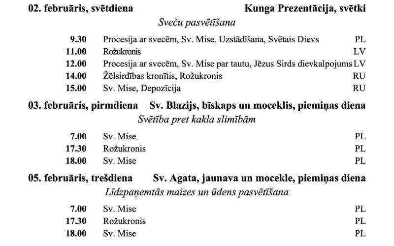 SVETDIENU UN SVETKU DIENU DIEVKALPOJUMU KARTIBA FEBRUĀRĪ