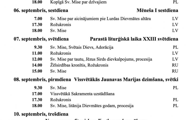SVĒTDIENU UN SVĒTKU DIENU DIEVKALPOJUMU KĀRTĪBA SEPTEMBRĪ