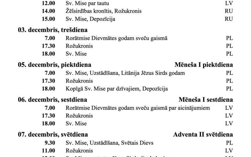 SVĒTDIENU UN SVĒTKU DIENU DIEVKALPOJUMU KĀRTĪBA DECEMBRĪ