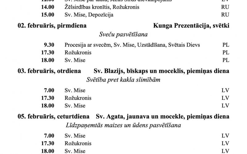 SVĒTDIENU UN SVĒTKU DIENU DIEVKALPOJUMU KĀRTĪABA FEBRUĀRĪ
