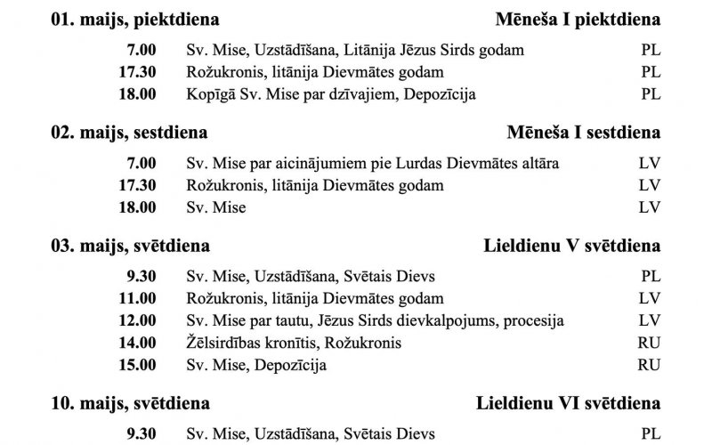 SVĒTDIENU UN SVĒTKU DIENU DIEVKALPOJUMU KĀRTĪABA MAIJĀ