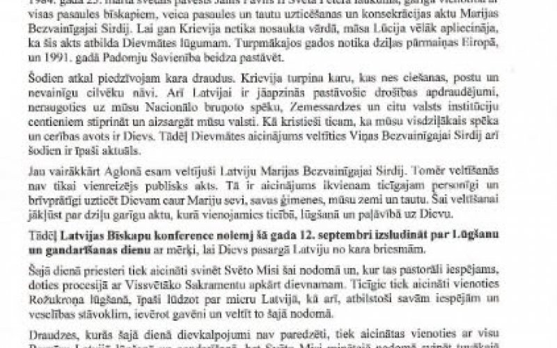 Latvijas Bīskapu konferences aicinājums uz lūgšanu un gandarīšanu par Latviju