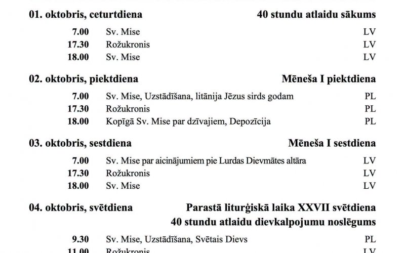 SVĒTDIENU UN SVĒTKU DIENU DIEVKALPOJUMU KĀRTĪABA OKTOBRĪ